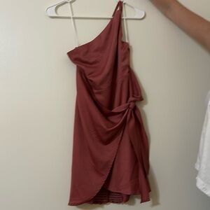 dusty rose one shoulder mini dress with tie